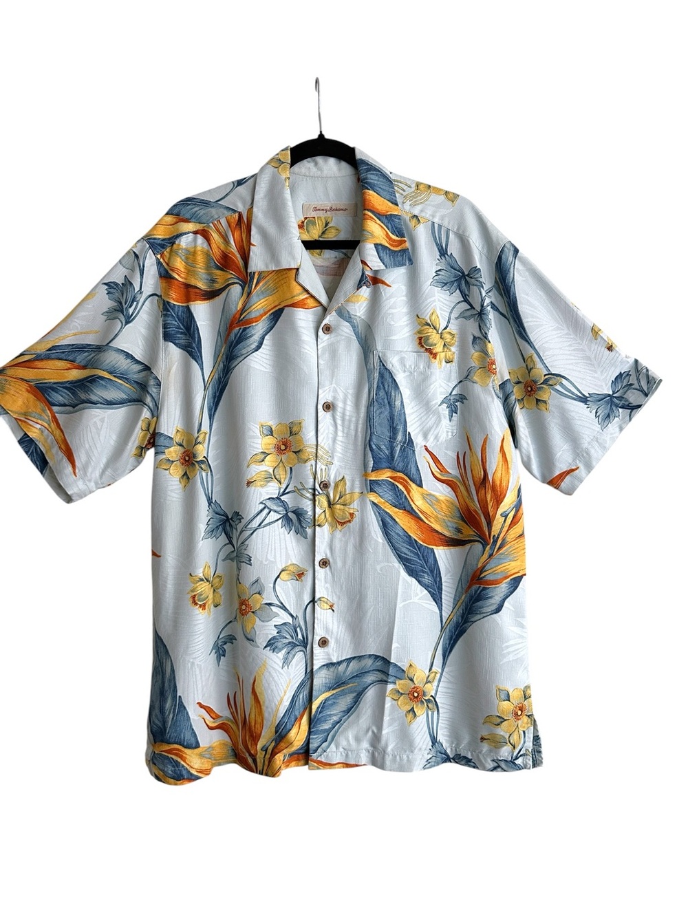 TOMMY BAHAMA Silk Hawaiian Camp Shirt Light Blue Men’s L Tropical Resort Wear